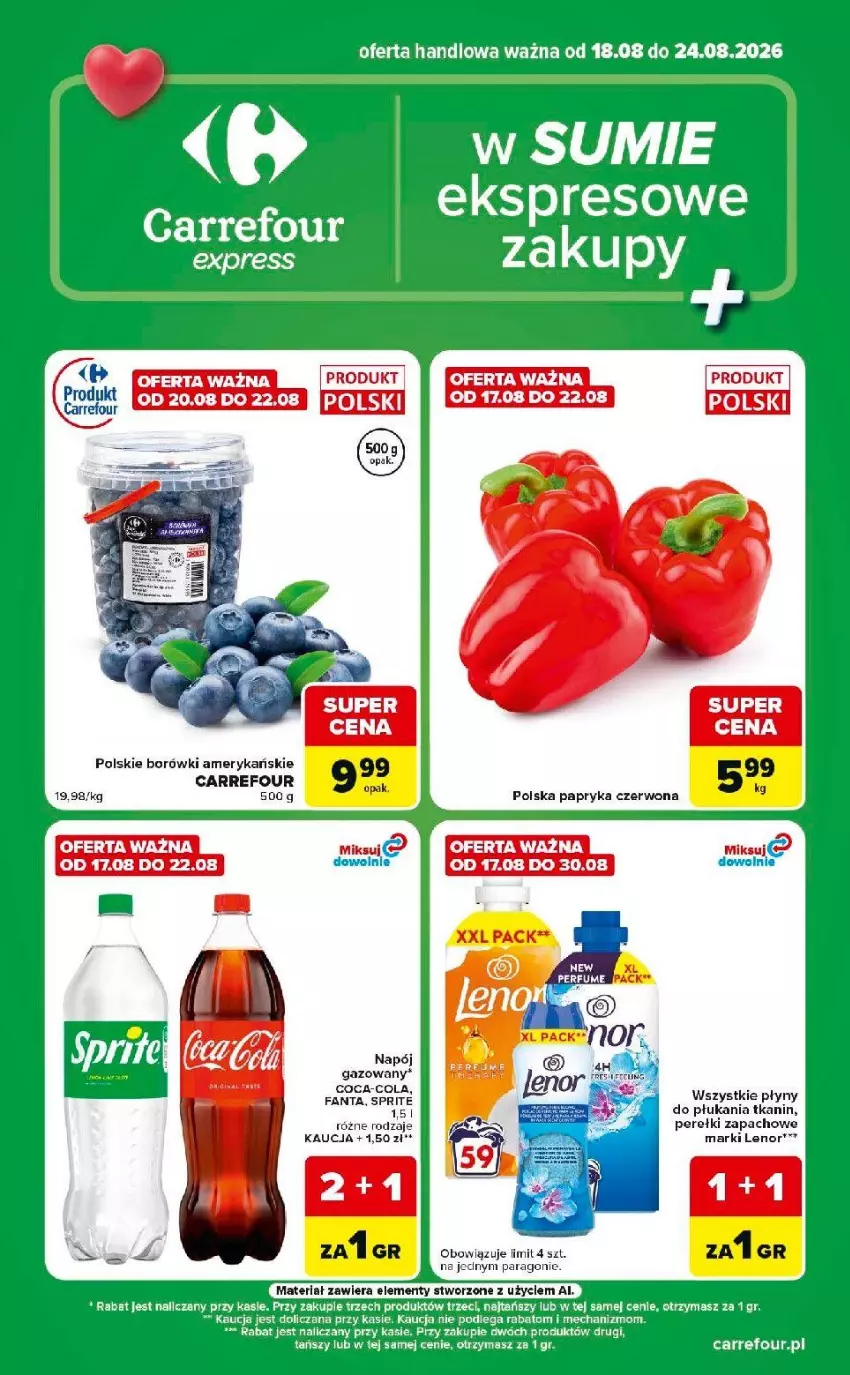 Gazetka promocyjna Carrefour - Gazetka Express w SUMIE ekspresowe zakupy - ważna 18.08 do 24.08.2026 - strona 1 - produkty: Lenor, Napój, Napój gazowany, Papryka, Papryka czerwona, Perełki zapachowe