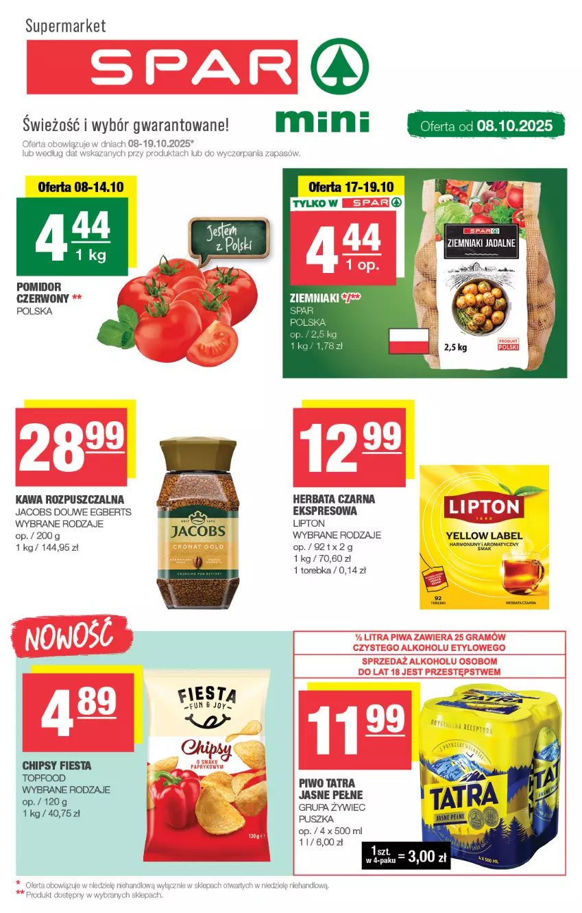Gazetka promocyjna Spar - Spar-Mini - ważna 05.10 do 15.10.2025 - strona 1 - produkty: Chipsy, Herbata, Herbata czarna, Jacobs, Kawa, Kawa rozpuszczalna, Lipton, Piwo, Tatra, Top, Torebka