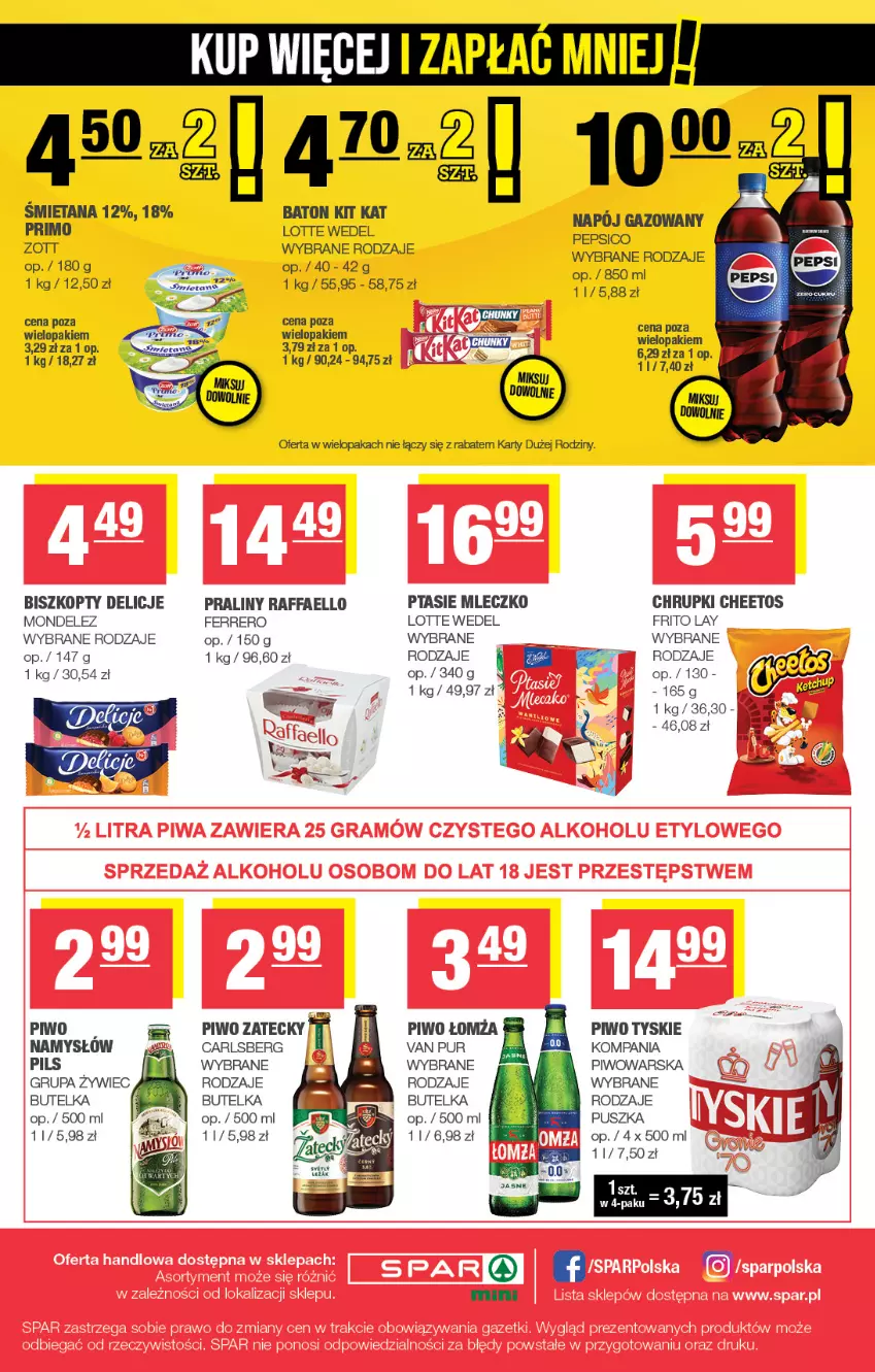Gazetka promocyjna Spar - Spar-Mini - ważna 05.10 do 15.10.2025 - strona 4 - produkty: Baton, Biszkopty, Carlsberg, Cheetos, Chrupki, Delicje, Fa, Ferrero, Kit Kat, Mleczko, Namysłów, Piwo, Praliny, Ptasie mleczko, Pur, Raffaello, Tyskie, Zott