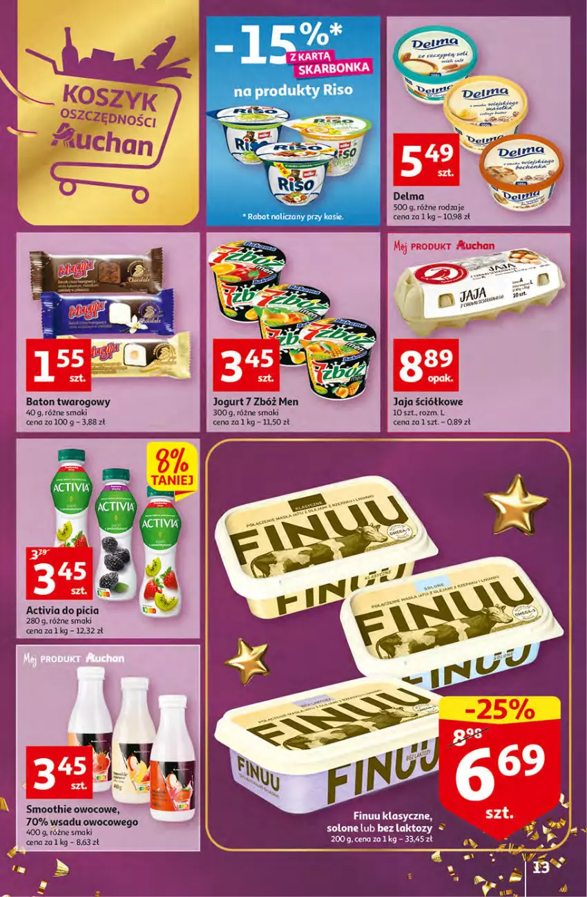 Gazetka promocyjna Auchan - Gazetka Koszyk Oszczędności Auchan Hipermarkety - ważna 10.11 do 16.11.2022 - strona 13 - produkty: Activia, Baton, Delma, Finuu, Jaja, Jogurt, Smoothie