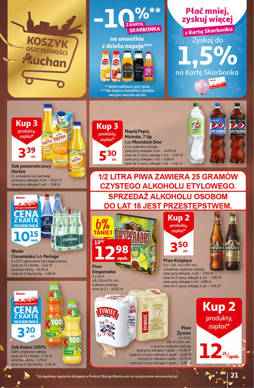 Gazetka promocyjna Auchan - Gazetka Koszyk Oszczędności Auchan Hipermarkety - ważna 10.11 do 16.11.2022 - strona 21 - produkty: Cisowianka, Desperados, Gra, Hortex, Książęce, Kubuś, LG, Mirinda, Napój, Pepsi, Piwa, Piwo, Sok, Sok pomarańczowy, Woda