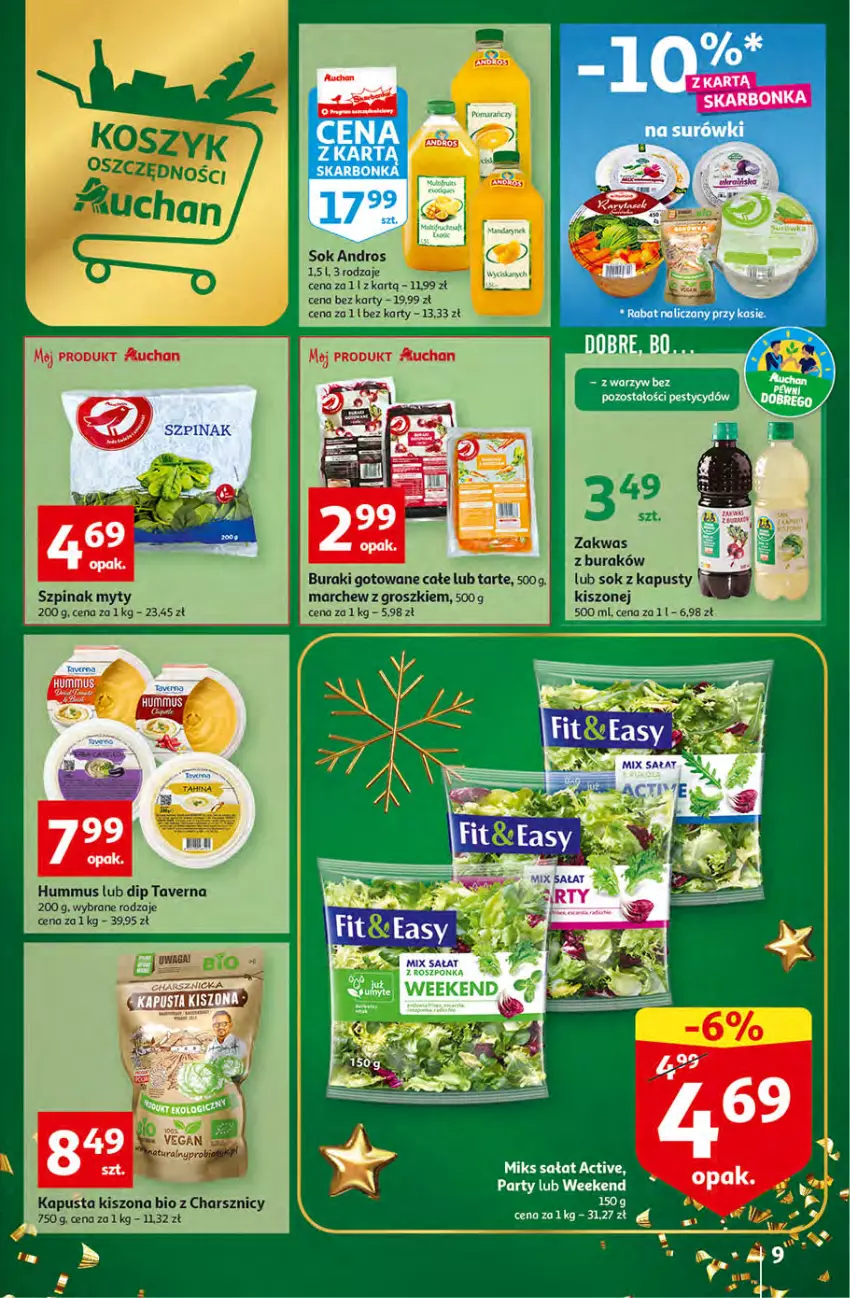 Gazetka promocyjna Auchan - Gazetka Koszyk Oszczędności Auchan Hipermarkety - ważna 10.11 do 16.11.2022 - strona 9 - produkty: Buraki, Hummus, Mus, Sałat, Sok, Szpinak