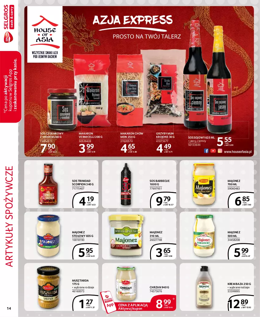 Gazetka promocyjna Selgros - Extra Oferta - ważna 01.02 do 28.02.2021 - strona 14 - produkty: Artykuły spożywcze, Chrzan, Grzyby, Grzyby mun, LG, Majonez, Makaron, Mus, Musztarda, Sos, Sos czosnkowy, Sos sojowy, Talerz