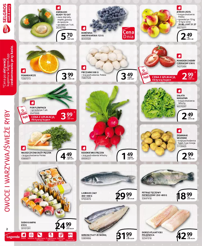 Gazetka promocyjna Selgros - Extra Oferta - ważna 01.02 do 28.02.2021 - strona 2 - produkty: Borówka, Borówka amerykańska, Dorsz, Grill, Jabłka, LG, Ligol, Masło, Miruna, Owoce, Piec, Polędwica, Pomarańcze, Por, Pstrąg, Pstrąg tęczowy, Rzodkiewka, Sałat, Sałata masłowa, Sok, Sushi, Warzywa, Ziemniaki