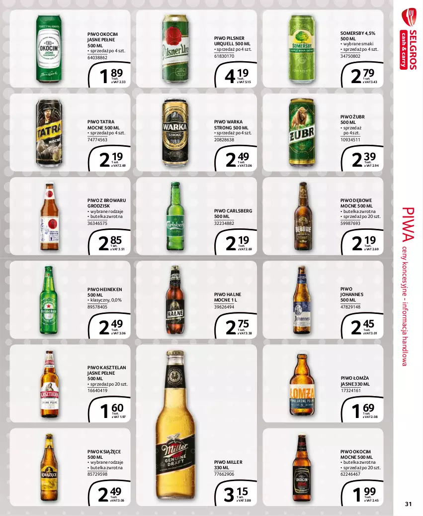 Gazetka promocyjna Selgros - Extra Oferta - ważna 01.02 do 28.02.2021 - strona 31 - produkty: Carlsberg, Heineken, Kasztelan, Koc, Książęce, Okocim, Pilsner Urquell, Piwa, Piwo, Somersby, Tatra, Warka