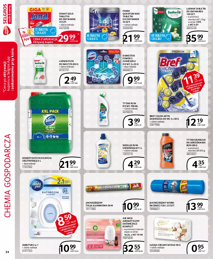 Gazetka promocyjna Selgros - Extra Oferta - ważna 01.02 do 28.02.2021 - strona 34 - produkty: Air Wick, Ambi Pur, Bref, Domestos, Finish, Folia aluminiowa, Gra, Jan Niezbędny, LG, Ludwik, Luksja, Mydło, Płyn do mycia, Płyn do wc, Pur, Sidolux, Sól, Somat, Somat gold, Tablet, Tytan, Worki na śmiec, Worki na śmieci, Zawieszka do wc