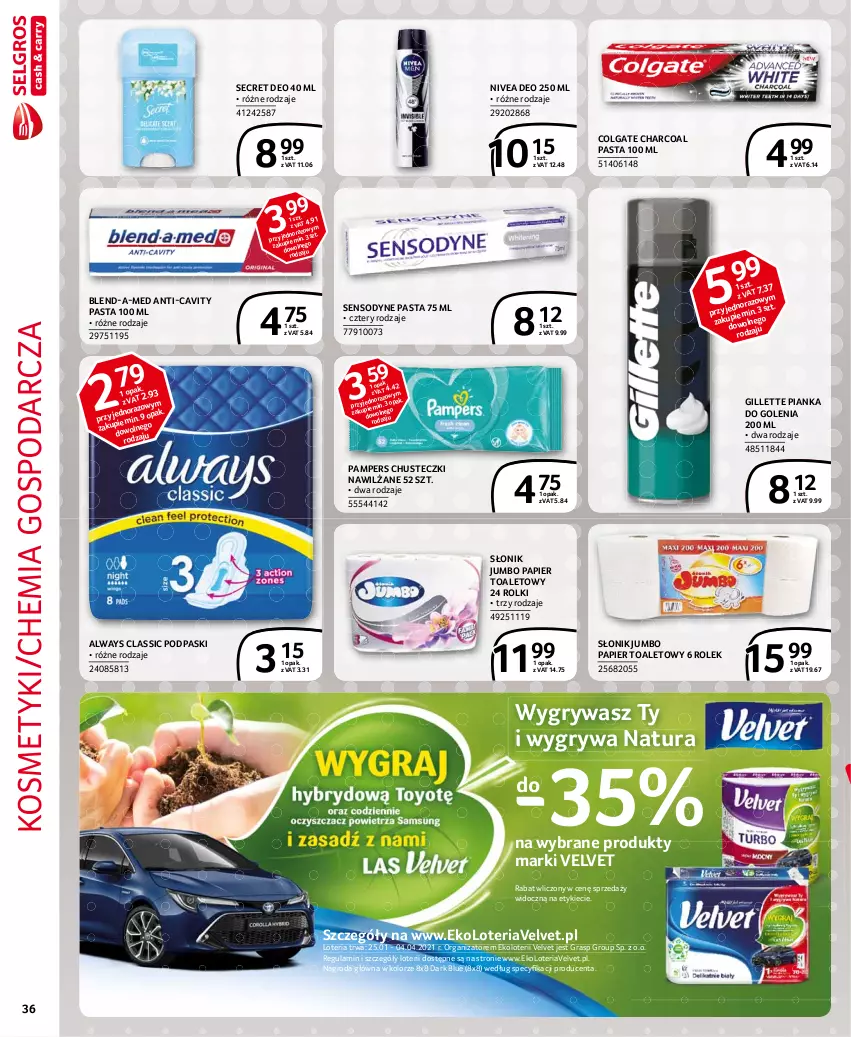 Gazetka promocyjna Selgros - Extra Oferta - ważna 01.02 do 28.02.2021 - strona 36 - produkty: Always, Blend-a-Med, Chusteczki, Colgate, Gillette, Gra, Gry, LG, Nivea, Pampers, Papier, Papier toaletowy, Pianka do golenia, Podpaski, Rolki, Secret Deo, Sensodyne, Velvet