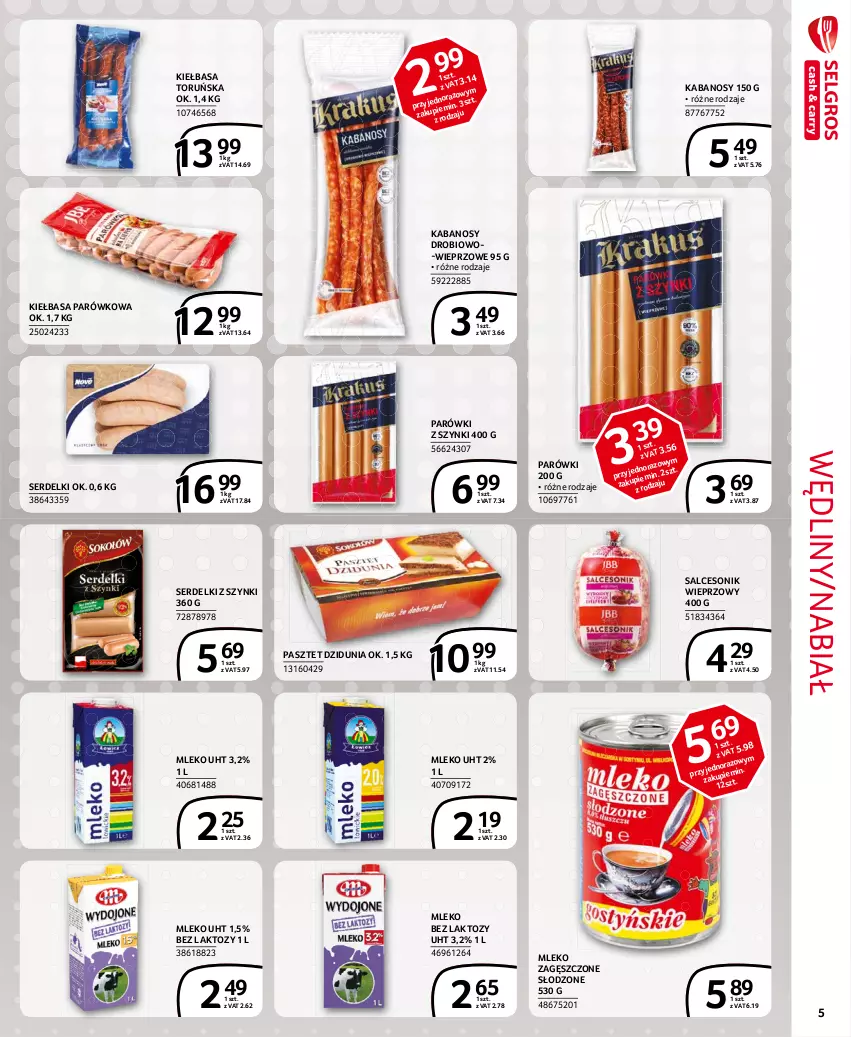 Gazetka promocyjna Selgros - Extra Oferta - ważna 01.02 do 28.02.2021 - strona 5 - produkty: Kabanos, Kiełbasa, Mleko, Mleko bez laktozy, Mleko zagęszczone, Parówki, Parówki z szynki, Pasztet, Salceson, Ser, Serdelki