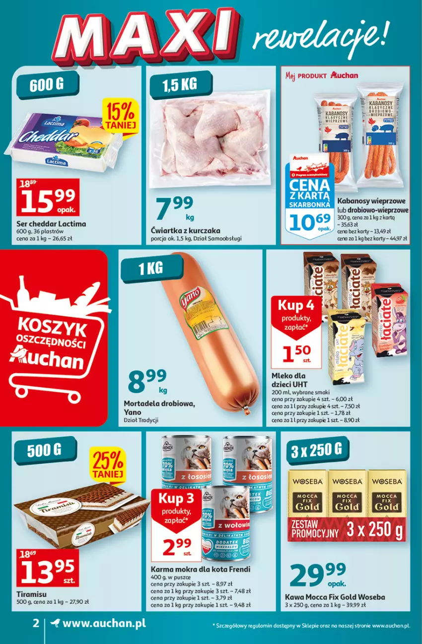 Gazetka promocyjna Auchan - Gazetka MAXI rewelacje Auchan Supermarket - ważna 12.01 do 18.01.2023 - strona 2 - produkty: Cheddar, Dzieci, Kabanos, Kawa, Kurczak, Mleko, Mocca Fix Gold, Por, Ser, Woseba