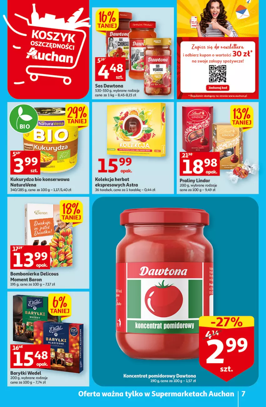 Gazetka promocyjna Auchan - Gazetka MAXI rewelacje Auchan Supermarket - ważna 12.01 do 18.01.2023 - strona 7 - produkty: Baryłki, Dawtona, Kukurydza, Lindor, Praliny, Ser, Sos