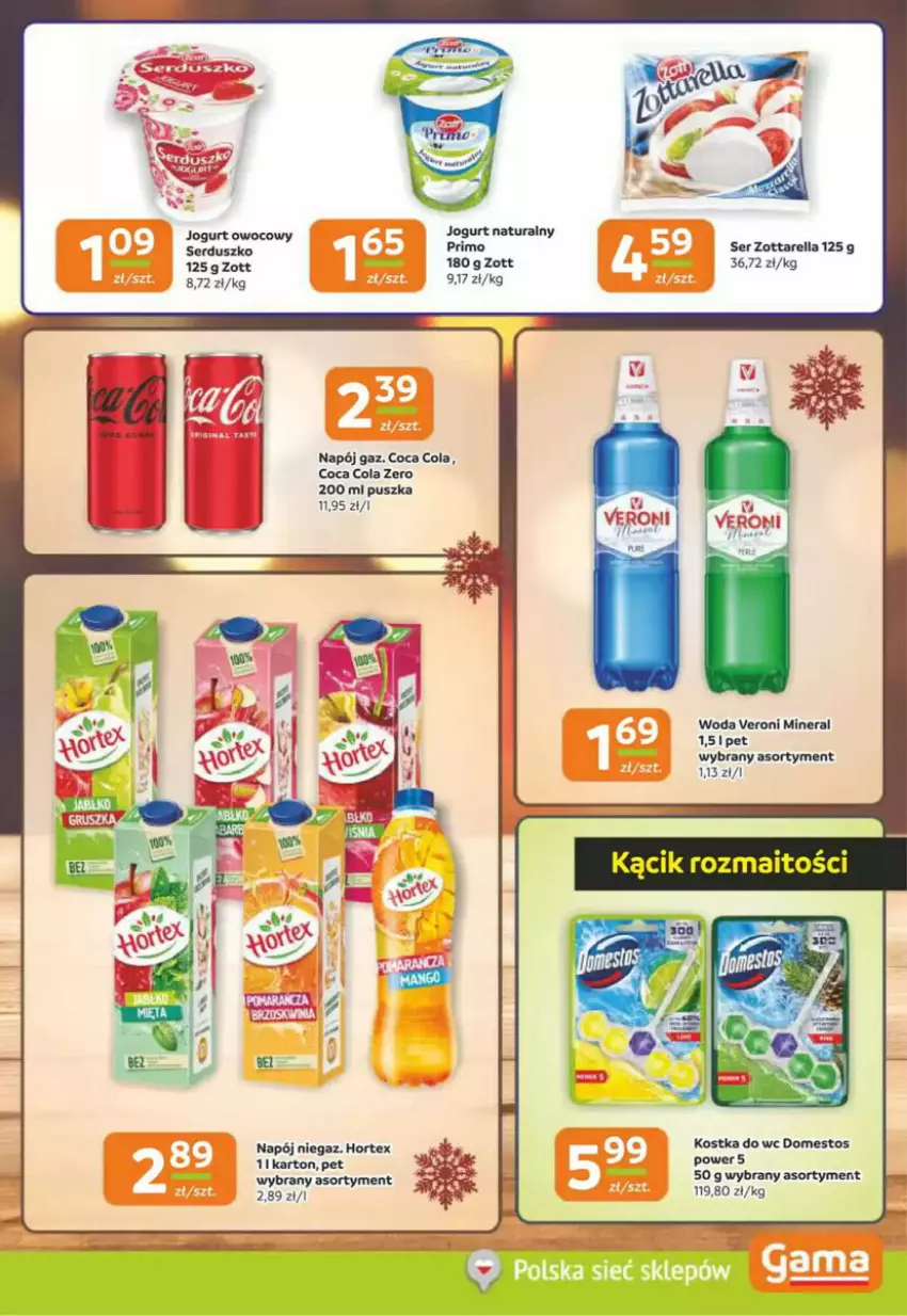 Gazetka promocyjna Gama - ważna 02.01 do 14.01.2025 - strona 12 - produkty: Domestos, Hortex, Jogurt, Jogurt naturalny, Jogurt owocowy, Napój, Ser, Woda, Zott, Zottarella