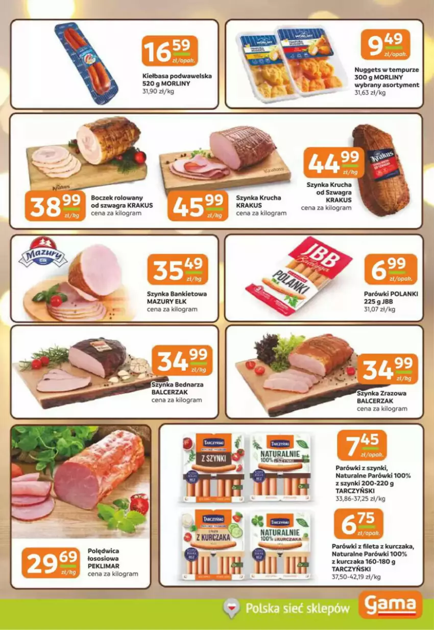 Gazetka promocyjna Gama - ważna 02.01 do 14.01.2025 - strona 8 - produkty: Boczek, Gra, Kiełbasa, Kiełbasa podwawelska, Krakus, Kurczak, Lanki, Morliny, Parówki, Parówki z szynki, Pur, Sos, Szynka, Tarczyński, Wawel