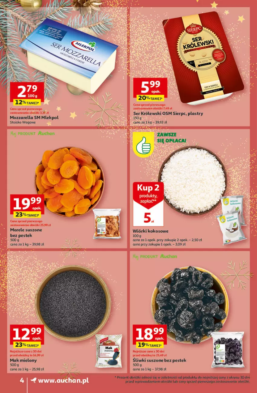 Gazetka promocyjna Auchan - Gazetka Magia Świąt Część 3 Supermarket Auchan - ważna 30.11 do 06.12.2023 - strona 4 - produkty: Kokos, Królewski, Mak mielony, Mozzarella, Ser, Stek, Wiórki kokosowe