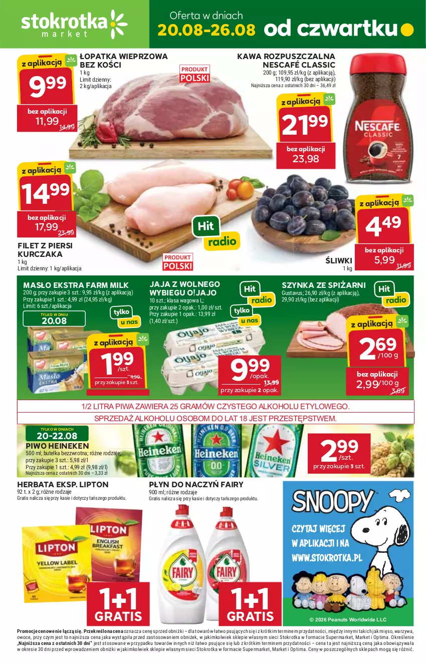 Gazetka promocyjna Stokrotka - Market - ważna 20.08 do 26.08.2026 - strona 1 - produkty: Fa, Fairy, Farm Milk, Filet z piersi kurczaka, Gra, Heineken, Herbata, Jaja, Jaja z wolnego wybiegu, Kawa, Kawa rozpuszczalna, Kurczak, Lipton, Masło, Mięso, Nescafé, Optima, Owoce, Piwa, Piwo, Szynka, Warzywa