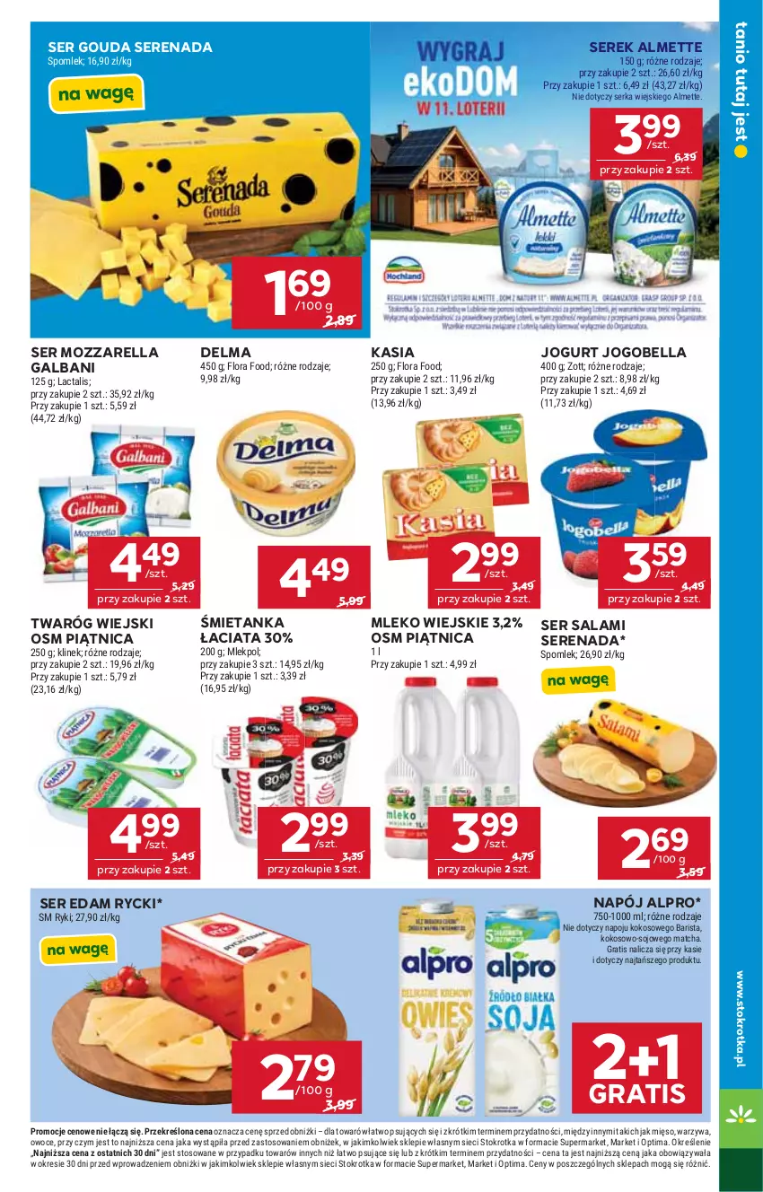 Gazetka promocyjna Stokrotka - Market - ważna 20.08 do 26.08.2026 - strona 13 - produkty: Almette, Alpro, Bell, Bella, Delma, Edam, Flora, Galbani, Gouda, Gra, Jogobella, Jogurt, Kasia, Kokos, Mięso, Mleko, Mozzarella, Napój, Optima, Owoce, Piątnica, Salami, Ser, Ser salami, Serek, Twaróg, Warzywa, Zott