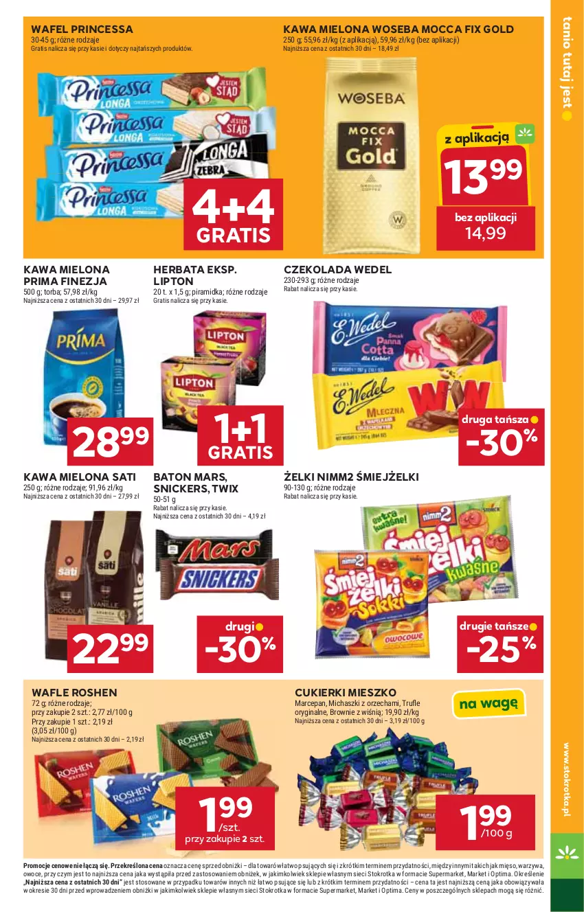 Gazetka promocyjna Stokrotka - Market - ważna 20.08 do 26.08.2026 - strona 17 - produkty: Baton, Brownie, Cukier, Cukierki, Czekolada, Gin, Gra, Herbata, Kawa, Kawa mielona, Lipton, Mars, Mięso, Mocca Fix Gold, Nimm2, Optima, Owoce, Prima, Princessa, Sati, Snickers, Torba, Twix, Wafle, Warzywa, Woseba