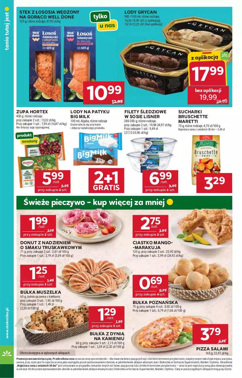 Gazetka promocyjna Stokrotka - Market - ważna 20.08 do 26.08.2026 - strona 18 - produkty: Algida, Big Milk, Bruschette, Bułka, Donut, Dynią, Gra, Gry, Hortex, LG, Lisner, Lody, Mango, Mięso, Mus, Optima, Owoce, Piec, Pieczywo, Pizza, Salami, Sos, Stek, Warzywa, Zupa