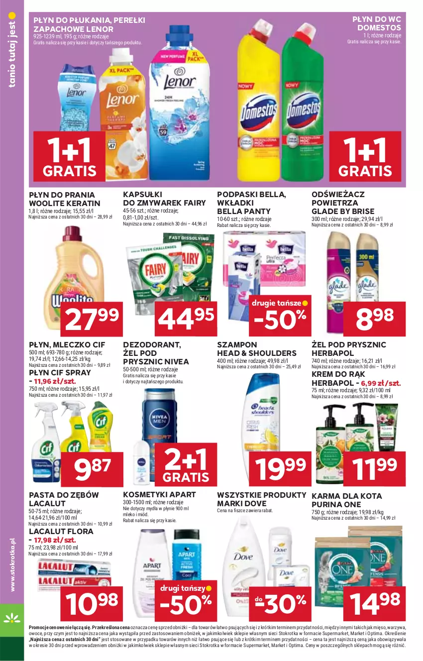 Gazetka promocyjna Stokrotka - Market - ważna 20.08 do 26.08.2026 - strona 22 - produkty: Bell, Bella, Cif, Dezodorant, Domestos, Dove, Fa, Fairy, Flora, Gra, Herbapol, Krem do rąk, Lacalut, Lenor, Mięso, Miód, Mleczko, Mleko, Nivea, Odświeżacz powietrza, Optima, Owoce, Pasta do zębów, Perełki zapachowe, Płyn do płukania, Płyn do prania, Płyn do wc, Podpaski, Pur, Purina, Szampon, Warzywa, Wkładki, Woolite