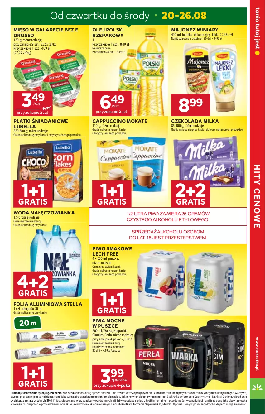 Gazetka promocyjna Stokrotka - Market - ważna 20.08 do 26.08.2026 - strona 3 - produkty: Bell, Bella, Cappuccino, Czekolada, Danio, Folia aluminiowa, Gala, Gra, Karp, Koc, Lubella, Majonez, Mięso, Mięso w galarecie, Milka, Nałęczowianka, Okocim, Olej, Optima, Owoce, Perła, Piwa, Piwo, Warka, Warzywa, Winiary, Woda