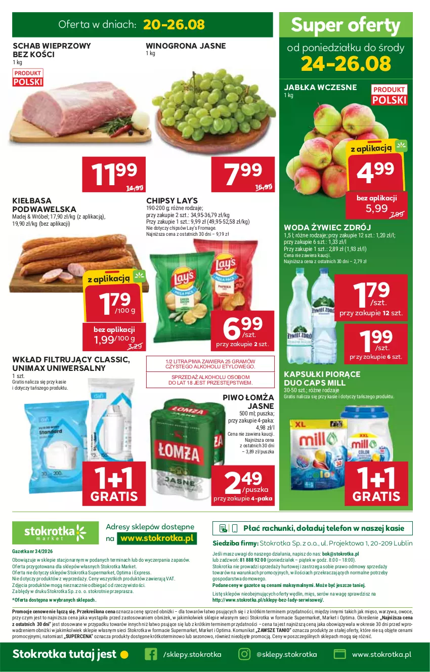 Gazetka promocyjna Stokrotka - Market - ważna 20.08 do 26.08.2026 - strona 33 - produkty: Chipsy, Dres, Gra, Jabłka, Kiełbasa, Kiełbasa podwawelska, Lay’s, Mięso, O nas, Optima, Owoce, Piwa, Piwo, Schab wieprzowy, Ser, Telefon, Wagi, Warzywa, Wawel, Wino, Winogrona, Wkład filtrujący, Woda