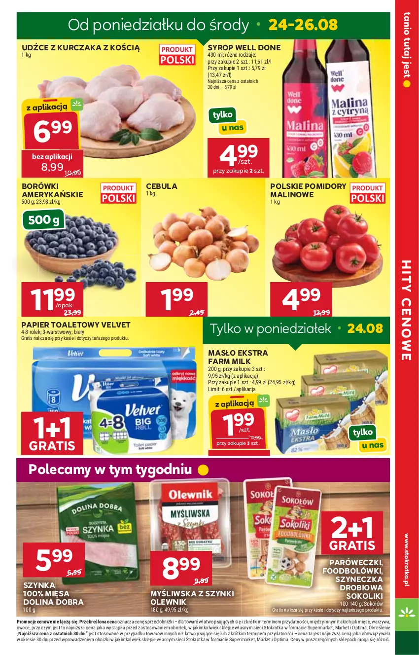 Gazetka promocyjna Stokrotka - Market - ważna 20.08 do 26.08.2026 - strona 5 - produkty: Cebula, Fa, Farm Milk, Gra, Kurczak, Masło, Mięso, Olewnik, Optima, Owoce, Papier, Papier toaletowy, Pomidory, Sok, Sokołów, Syrop, Szynka, Velvet, Warzywa