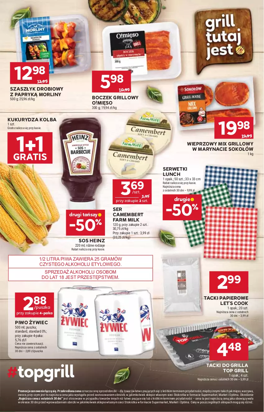 Gazetka promocyjna Stokrotka - Market - ważna 20.08 do 26.08.2026 - strona 9 - produkty: Boczek, Camembert, Fa, Farm Milk, Gra, Grill, Heinz, Kukurydza, Mięso, Morliny, Optima, Owoce, Papier, Piwa, Piwo, Ser, Serwetki, Sok, Sokołów, Sos, Top, Warzywa