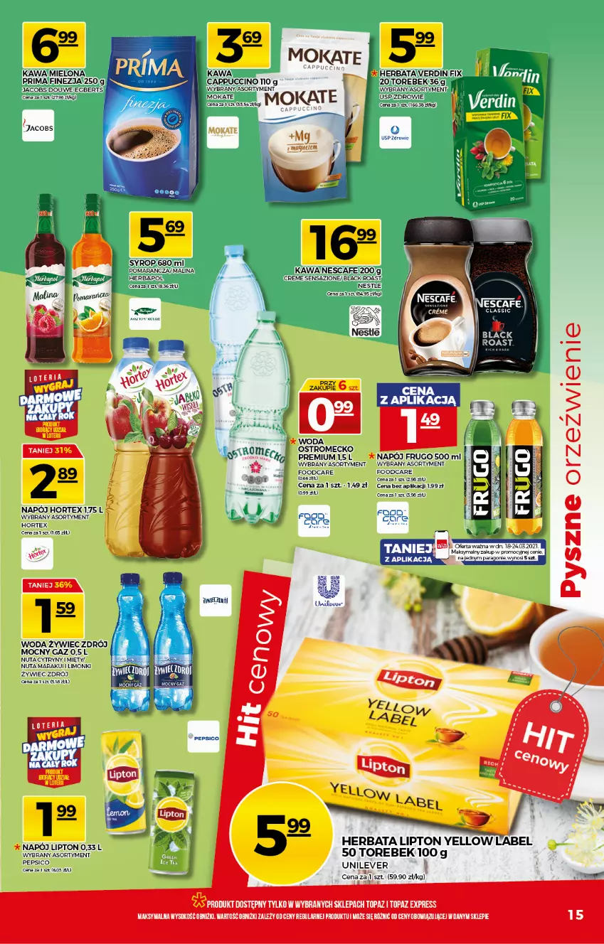 Gazetka promocyjna Topaz - Gazetka - ważna 18.03 do 24.03.2021 - strona 15 - produkty: Cappuccino, Cytryny, Herbapol, Herbata, Hortex, Jacobs, Kawa, Kawa mielona, Lack, Lipton, Napój, Pepsi, Prima, Sok, Syrop, Top, Woda, Zdrowie