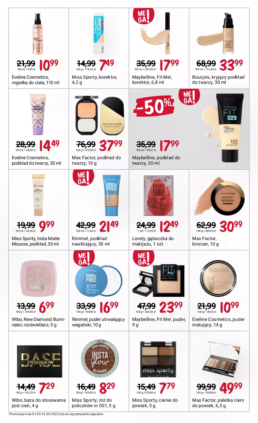 Gazetka promocyjna Rossmann - ważna 01.03 do 15.03.2022 - strona 11 - produkty: Bell, Bourjois, Bronzer, Cień, Eveline, Fa, Lovely, Makijaż, Max Factor, Maybelline, Miss Sporty, Paletka cieni, Podkład, Podkład do twarzy, Por, Puder, Róż do policzków, Rozświetlacz, Sport, Wibo