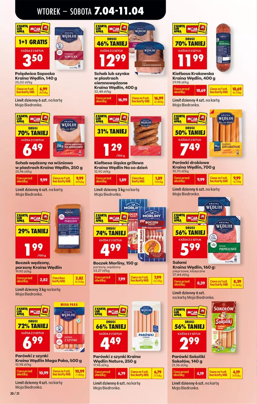 Gazetka promocyjna Biedronka - Od Wtorku - ważna 07.04 do 11.04.2026 - strona 36 - produkty: Boczek, Grill, Kiełbasa, Kiełbasa krakowska, Kiełbasa śląska, Morliny, Parówki, Parówki sokoliki, Parówki z szynki, Pieprz, Polędwica, Salami, Sok, Sokołów, Szynka