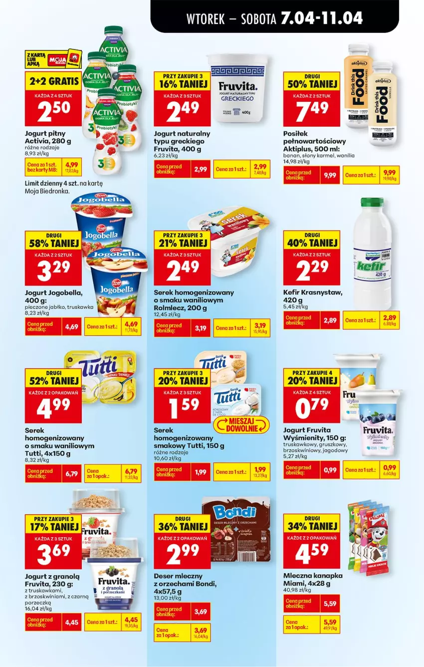 Gazetka promocyjna Biedronka - Od Wtorku - ważna 07.04 do 11.04.2026 - strona 41 - produkty: Activia, Aktiplus, Bell, Bella, Deser, Deser mleczny, Gra, Jogobella, Jogurt, Jogurt naturalny, Jogurt pitny, Kefir, Kokos, Mleczna kanapka, Mus, Piec, Por, Probiotyk, Rolmlecz, Ser, Serek, Serek homogenizowany