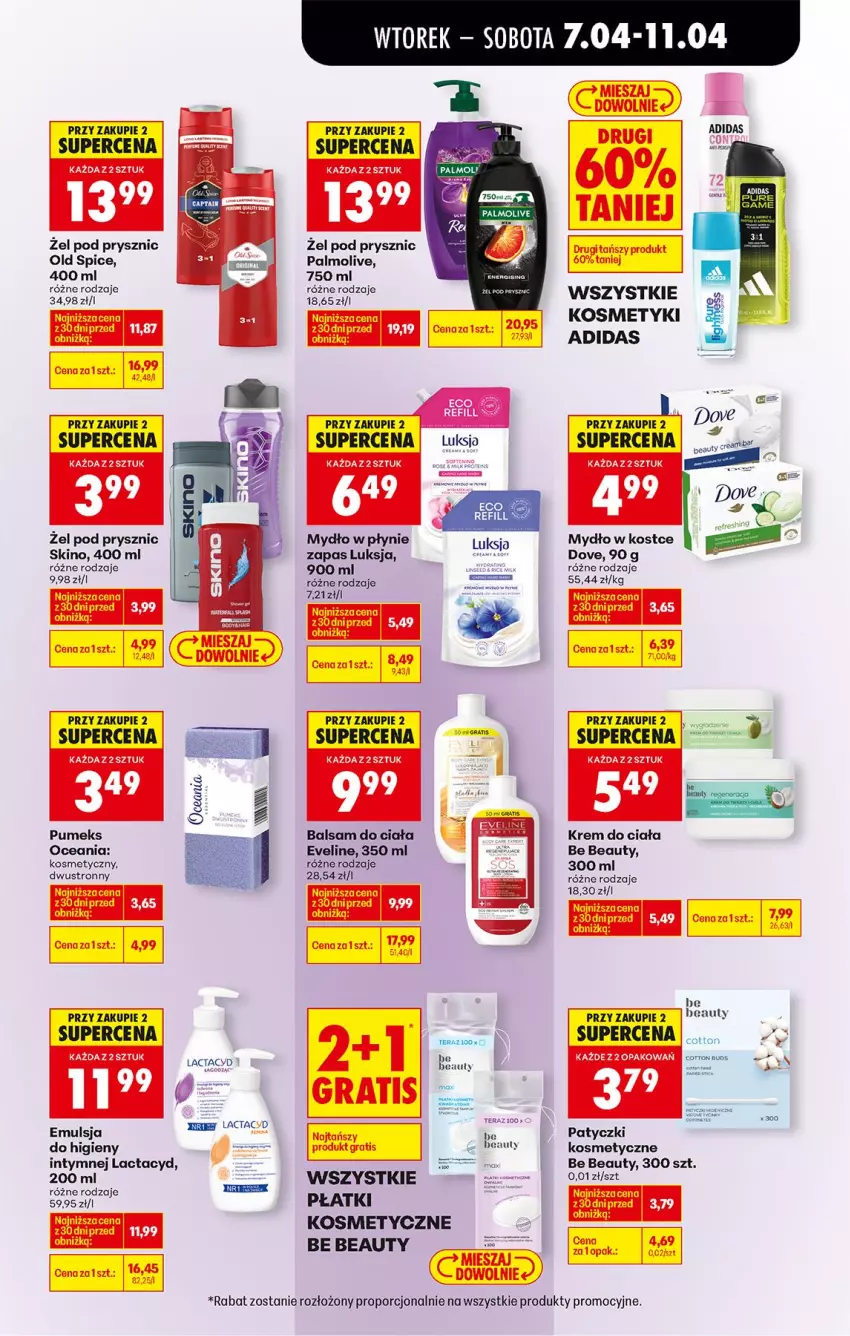 Gazetka promocyjna Biedronka - Od Wtorku - ważna 07.04 do 11.04.2026 - strona 67 - produkty: Adidas, Balsam do ciała, Be Be, Dove, Emulsja, Eveline, Fa, Feta, Krem do ciała, Lactacyd, Luksja, Mydło, Mydło w płynie, Old Spice, Palmolive, Por, Pumeks, Tera
