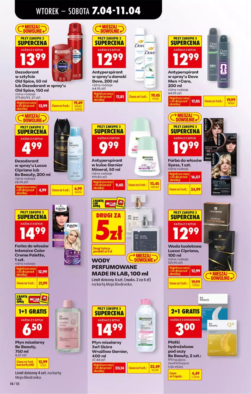 Gazetka promocyjna Biedronka - Od Wtorku - ważna 07.04 do 11.04.2026 - strona 68 - produkty: Antyperspirant, Be Be, Color Creme, Dezodorant, Dove, Fa, Farba do włosów, Garnier, Gra, Old Spice, Palette, Perfum, Płyn micelarny, Syoss, Woda, Woda toaletowa
