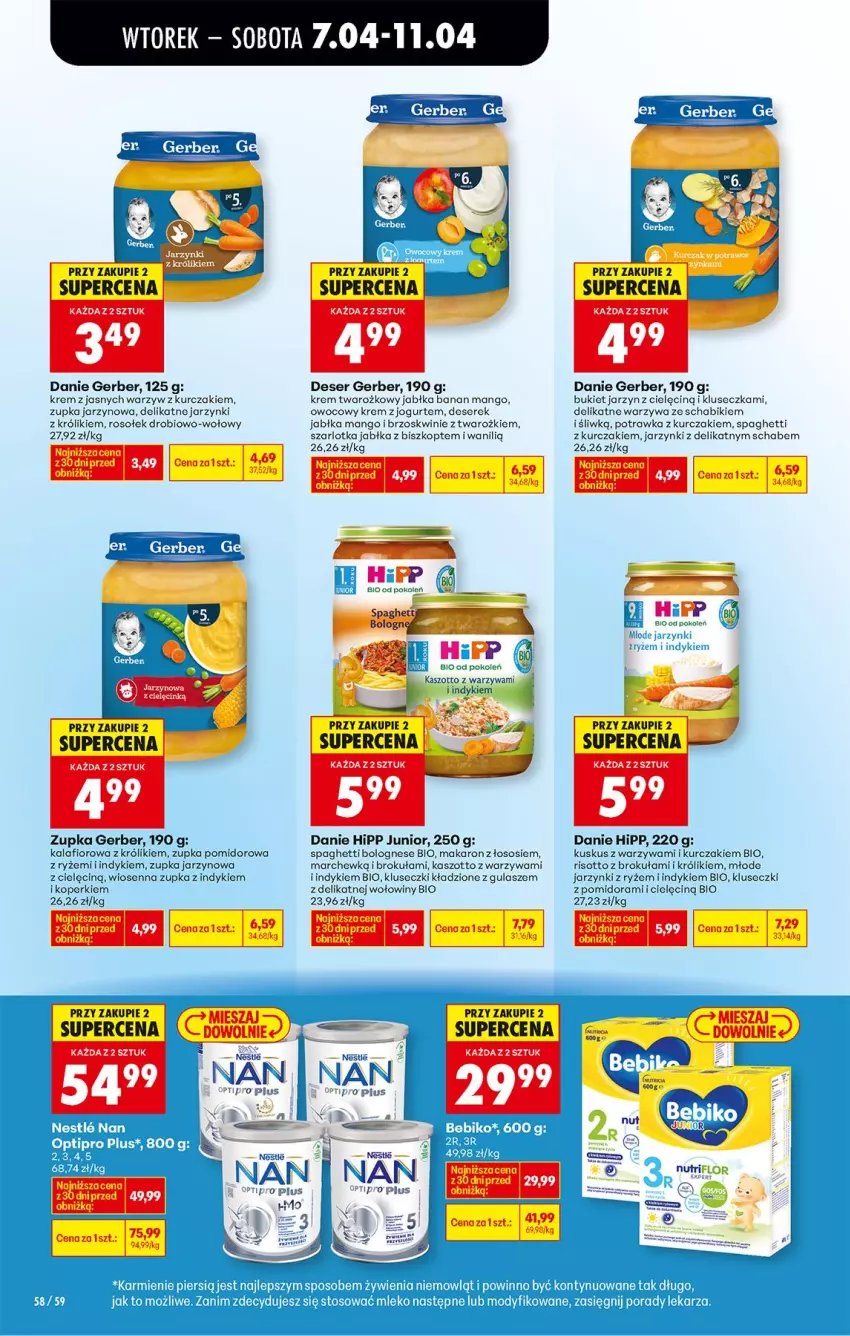 Gazetka promocyjna Biedronka - Od Wtorku - ważna 07.04 do 11.04.2026 - strona 72 - produkty: Bebiko, Brzoskwinie, Bukiet, Deser, Gerber, HiPP, Jabłka, Jogurt, Kalafior, Karmi, Królik, Kurczak, Kuskus, Makaron, Mango, Mleko, O nas, Por, Ryż, Ser, Serek, Sos, Spaghetti, Szarlotka, Warzywa, Zott
