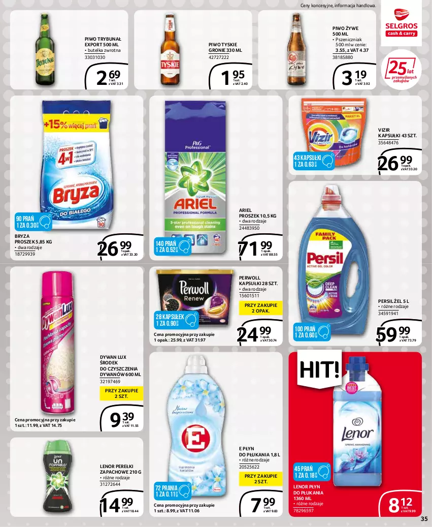 Gazetka promocyjna Selgros - Extra Oferta - ważna 01.05 do 31.05.2022 - strona 35 - produkty: Ariel, Bryza, Dywan, Lenor, Perełki zapachowe, Persil, Perwoll, Piwo, Płyn do płukania, Por, Tyskie, Vizir