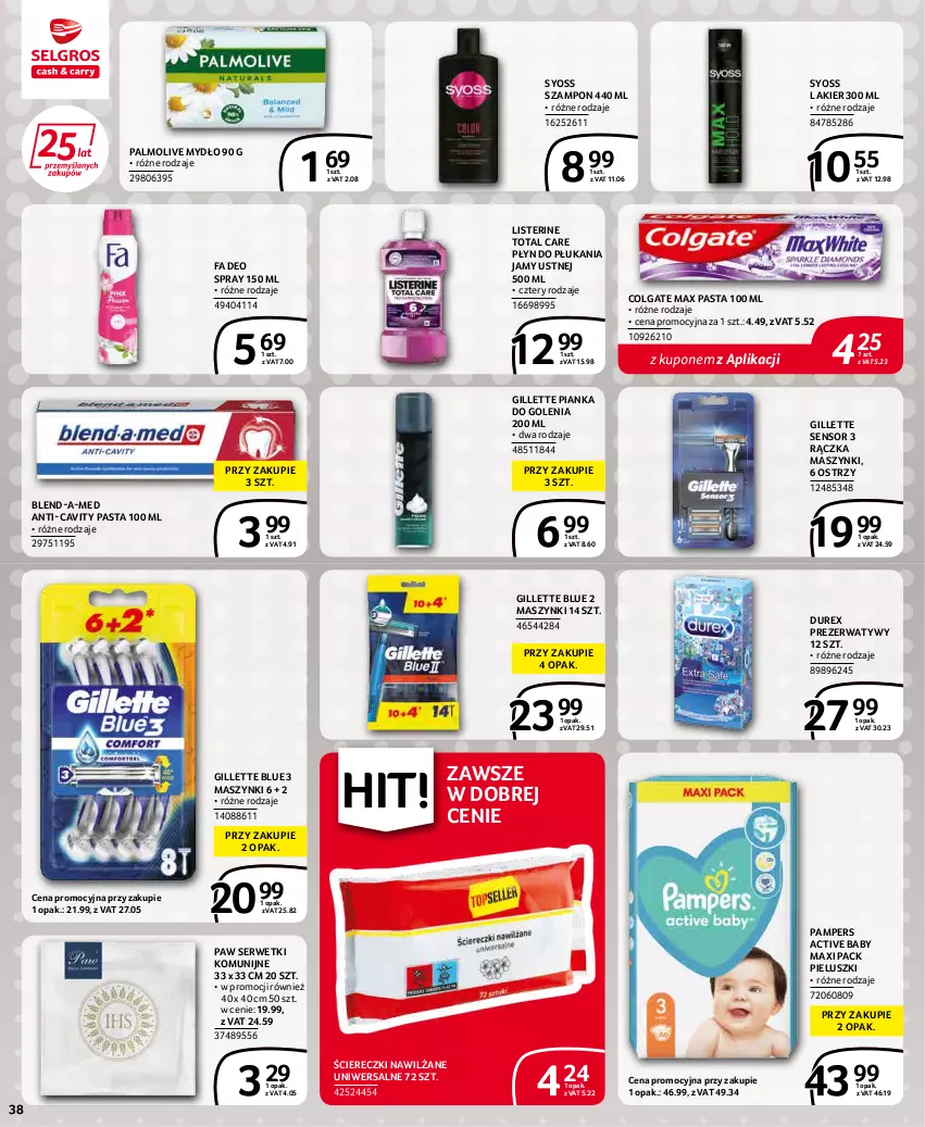 Gazetka promocyjna Selgros - Extra Oferta - ważna 01.05 do 31.05.2022 - strona 38 - produkty: Blend-a-Med, Colgate, Durex, Fa, Gillette, Lakier, LG, Listerine, Mydło, Palmolive, Pampers, Pianka do golenia, Płyn do płukania, Płyn do płukania jamy ustnej, Prezerwatyw, Ser, Serwetki, Syoss, Szampon