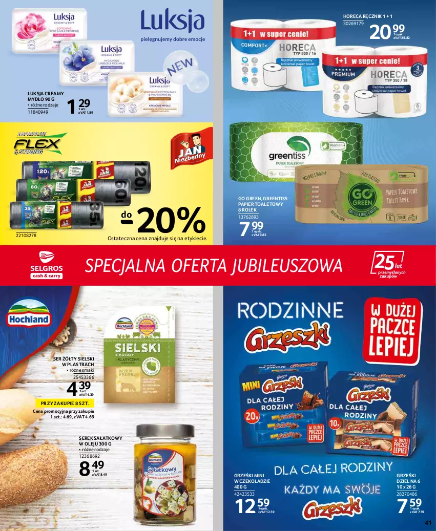 Gazetka promocyjna Selgros - Extra Oferta - ważna 01.05 do 31.05.2022 - strona 41 - produkty: Grześki, Luksja, Mydło, Olej, Papier, Papier toaletowy, Ręcznik, Sałat, Ser, Serek