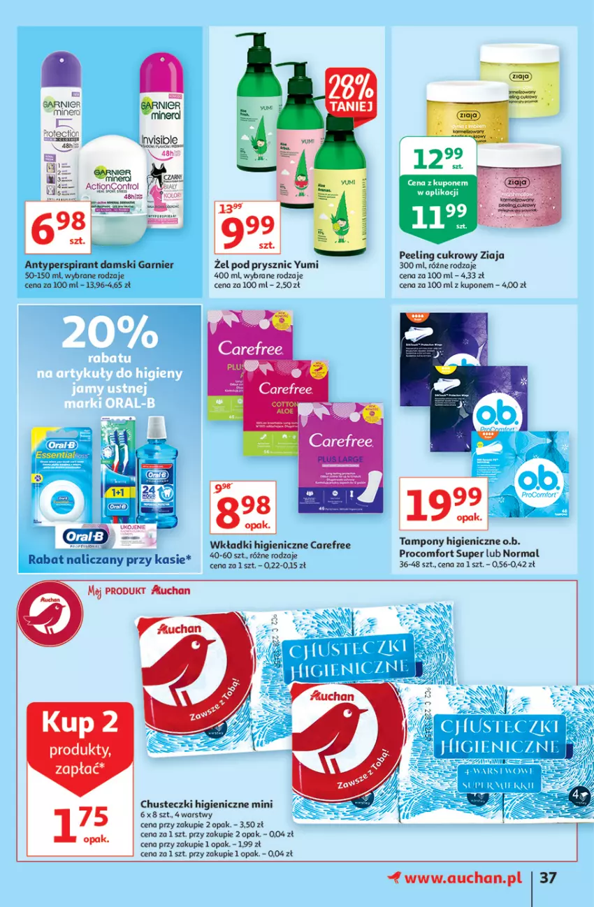 Gazetka promocyjna Auchan - Rysują się kolorowe sny Hipermarkety - ważna 19.08 do 25.08.2021 - strona 37 - produkty: Carefree, Chusteczki, LG, O.B., Peeling, Tampony, Wkładki, Ziaja
