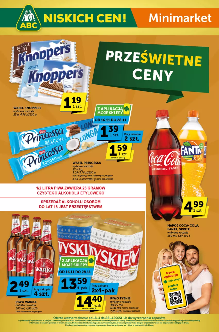 Gazetka promocyjna ABC - ważna 16.11 do 28.11.2023 - strona 1 - produkty: Coca-Cola, Fa, Fanta, Gin, Gra, Knoppers, Napój, Piwa, Piwo, Princessa, Sprite, Tyskie, Warka