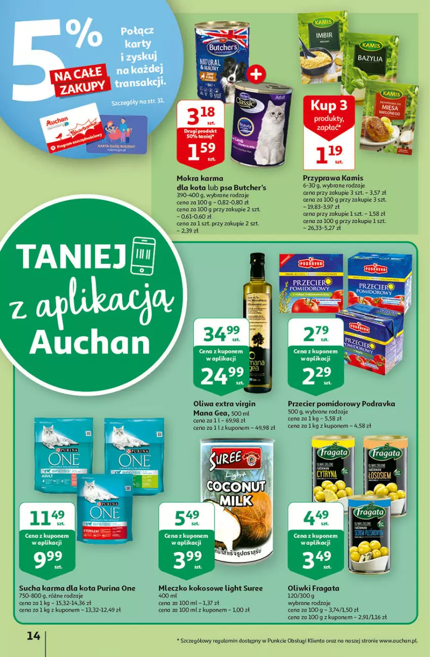 Gazetka promocyjna Auchan - Hiperoszczędzanie z aplikacją Auchan Hipermarkety - ważna 23.09 do 29.09.2021 - strona 14 - produkty: Butcher's, Gin, Kamis, Kokos, Mleczko, Mokra karma, Oliwki, Podravka, Pur, Purina, Sos, Sucha karma