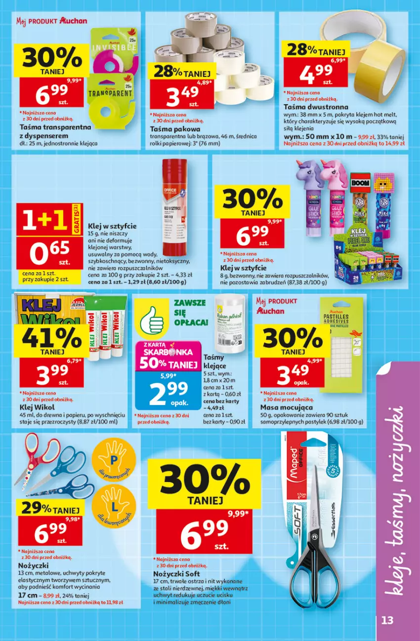 Gazetka promocyjna Auchan - Szkoła Hipermarket - ważna 13.08 do 26.08.2026 - strona 13 - produkty: Klej, Mop, Noż, Nożyczki, Papier, Rolki, Ser, Sok, Taśma pakowa, Tran, Uchwyty, Wiko