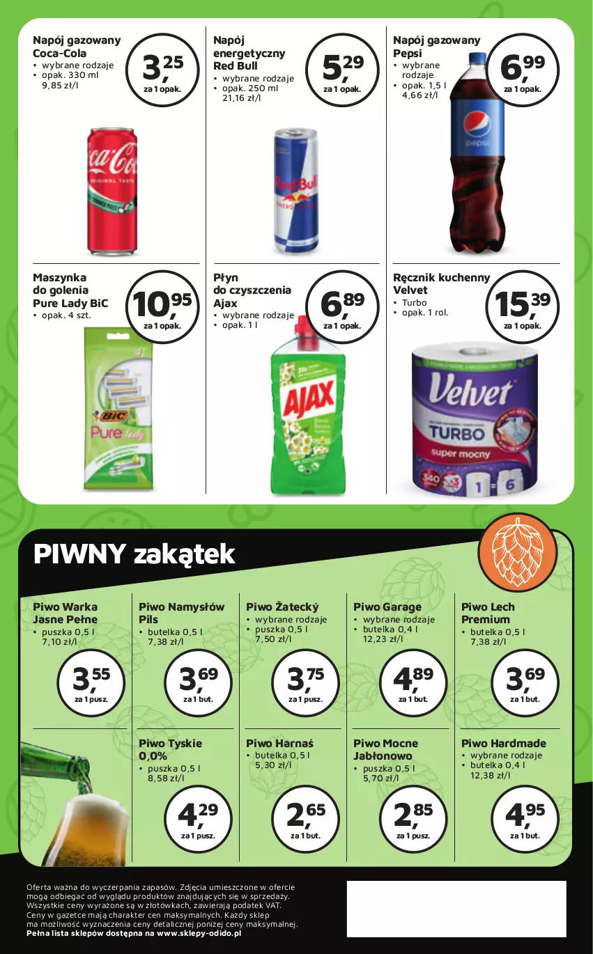 Gazetka promocyjna Odido - ważna 03.05 do 16.05.2024 - strona 8 - produkty: Ajax, BIC, Coca-Cola, Harnaś, Lech Premium, Maszynka, Maszynka do golenia, Namysłów, Napój, Napój energetyczny, Napój gazowany, Pepsi, Piwo, Pur, Ręcznik, Ręcznik kuchenny, Red Bull, Szynka, Tyskie, Velvet, Warka