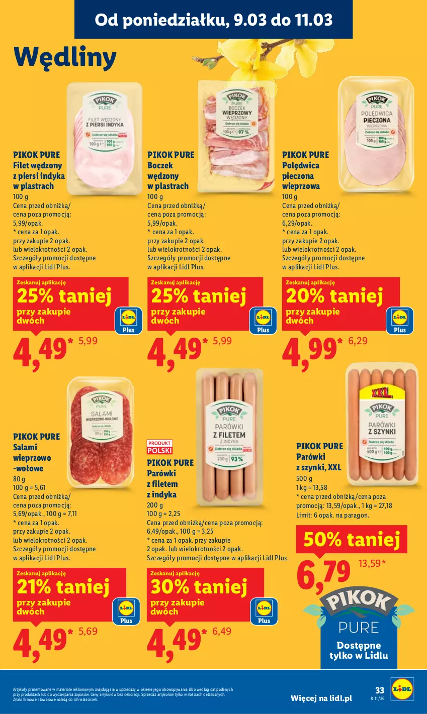 Gazetka promocyjna Lidl - Oferta ważna od 9.03 do 11.03 - ważna 09.03 do 11.03.2026 - strona 33 - produkty: Boczek, Parówki, Parówki z szynki, Piec, PIKOK, Polędwica, Pur, Salami