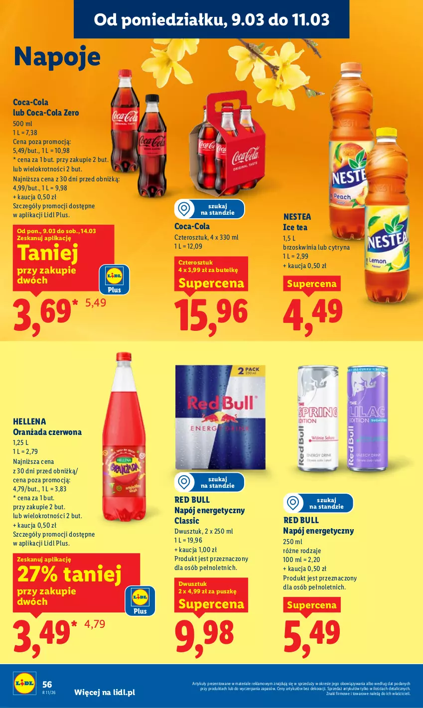 Gazetka promocyjna Lidl - Oferta ważna od 9.03 do 11.03 - ważna 09.03 do 11.03.2026 - strona 56 - produkty: Coca-Cola, Hellena, Ice tea, Napój, Napój energetyczny, Napoje, Nestea, Oranżada, Red Bull