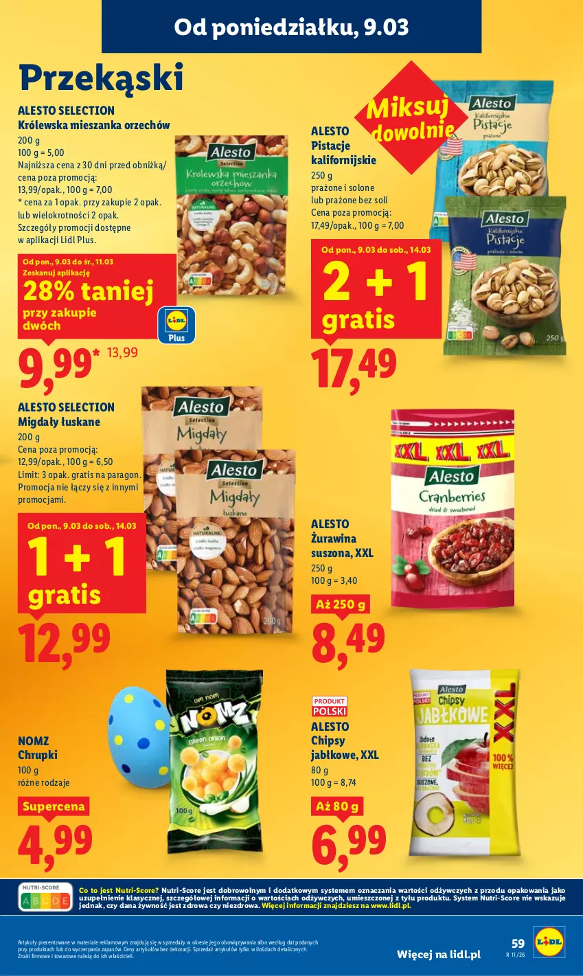 Gazetka promocyjna Lidl - Oferta ważna od 9.03 do 11.03 - ważna 09.03 do 11.03.2026 - strona 59 - produkty: Chipsy, Chrupki, Gra, Migdały, Migdały łuskane, Pistacje