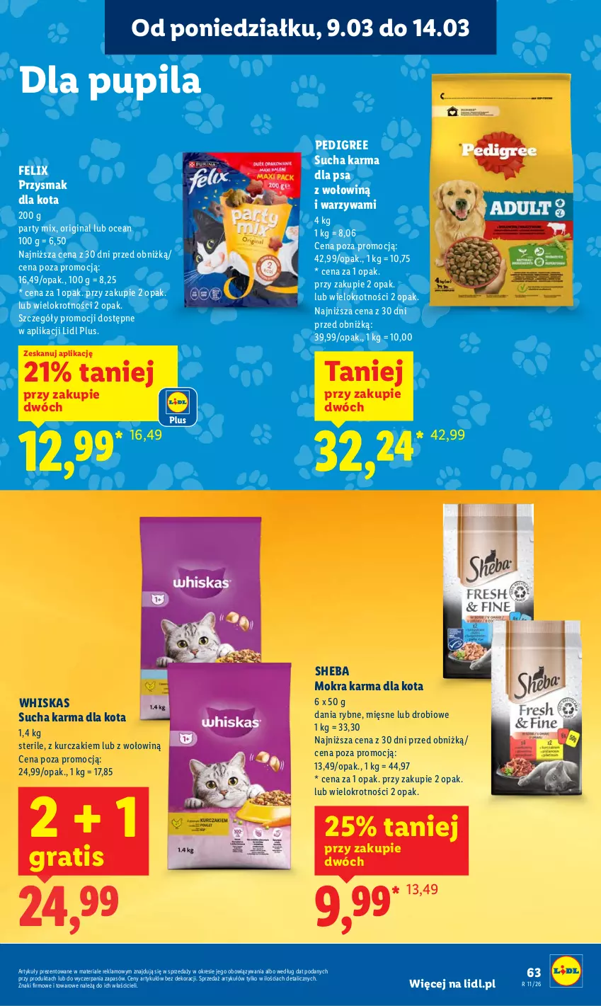 Gazetka promocyjna Lidl - Oferta ważna od 9.03 do 11.03 - ważna 09.03 do 11.03.2026 - strona 63 - produkty: Felix, Gin, Gra, Kurczak, Mokra karma, Pedigree, Przysmak dla kota, Sheba, Sucha karma, Warzywa, Whiskas