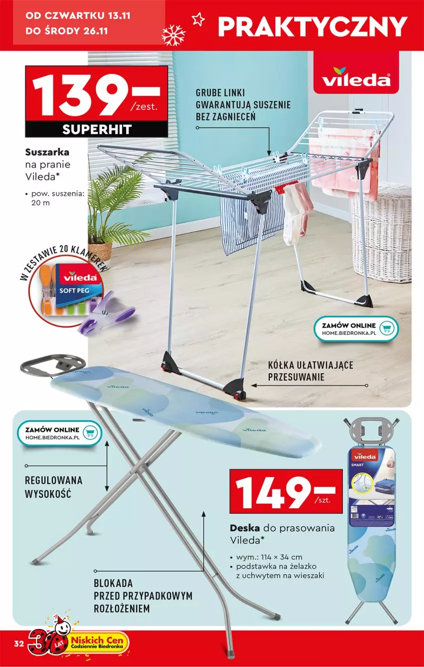 Gazetka promocyjna Biedronka - Okazje Tygodnia - ważna 10.11 do 22.11.2025 - strona 36 - produkty: Deska do prasowania, Sok, Suszarka, Vileda, Wieszak