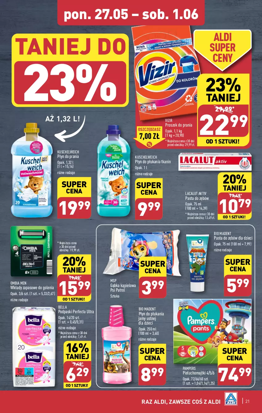 Gazetka promocyjna Aldi - Pełna oferta - ważna 27.05 do 01.06.2024 - strona 21 - produkty: Bell, Bella, Dzieci, Lacalut, Majtki, Pampers, Pasta do zębów, Perfecta, Pieluchomajtki, Płyn do płukania, Płyn do płukania jamy ustnej, Płyn do prania, Podpaski, Proszek do prania, Psi Patrol, Vizir