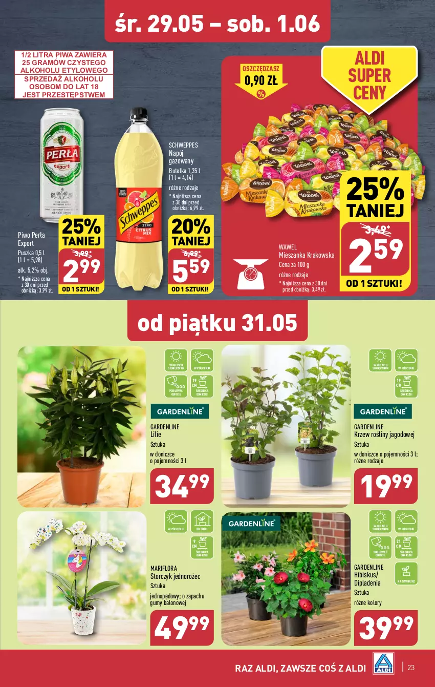 Gazetka promocyjna Aldi - Pełna oferta - ważna 27.05 do 01.06.2024 - strona 23 - produkty: Flora, Gra, Hibiskus, Jednorożec, Napój, Napój gazowany, Perła, Piwa, Piwo, Por, Schweppes, Storczyk, Wawel