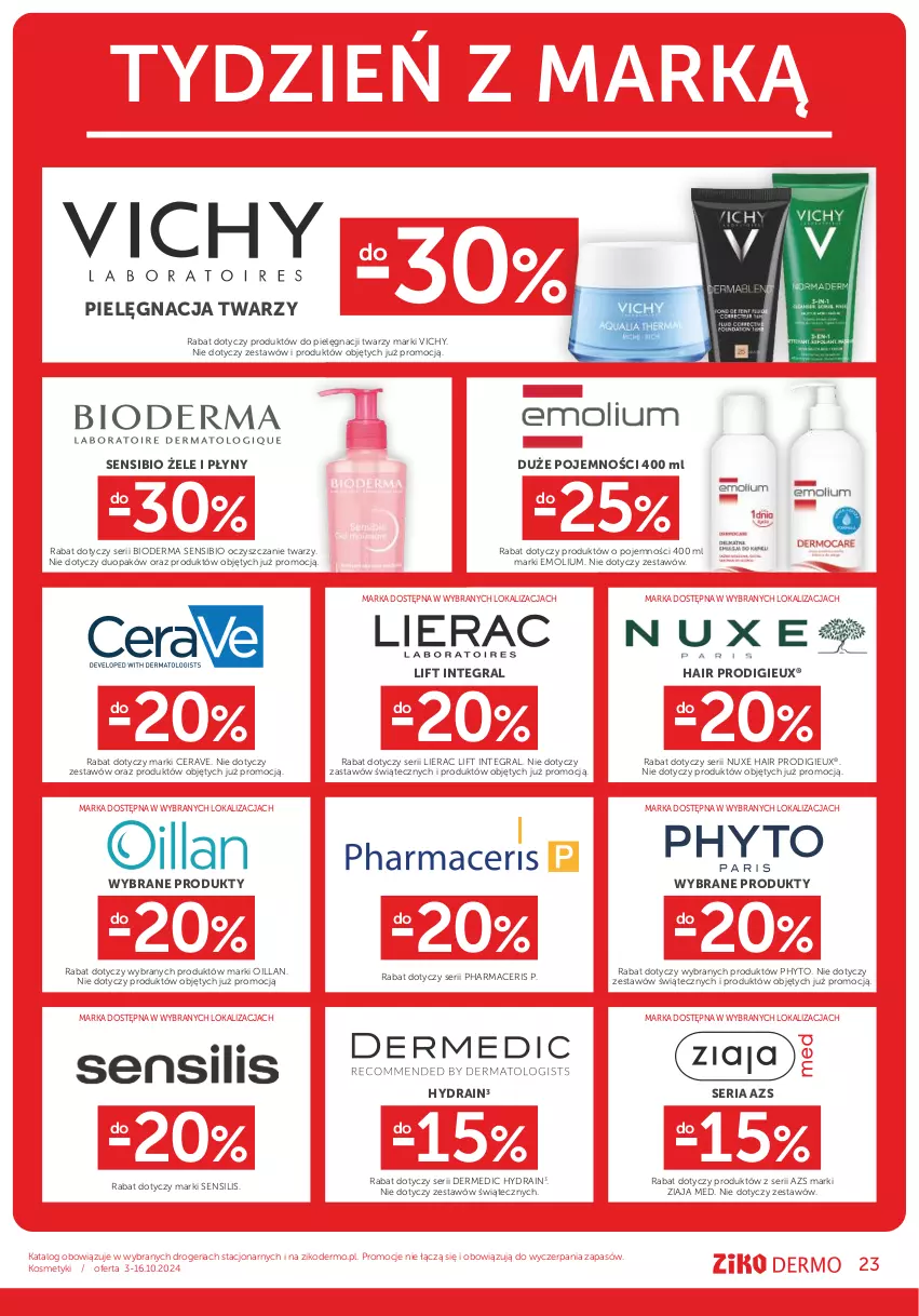 Gazetka promocyjna Ziko - Gazetka Ziko Dermo - ważna 03.10 do 16.10.2024 - strona 23 - produkty: Acer, Bioderma, CeraVe, Dermedic, Emolium, Gra, Lierac, Nuxe, Oillan, Pharmaceris, Phyto, Ser, Vichy, Ziaja