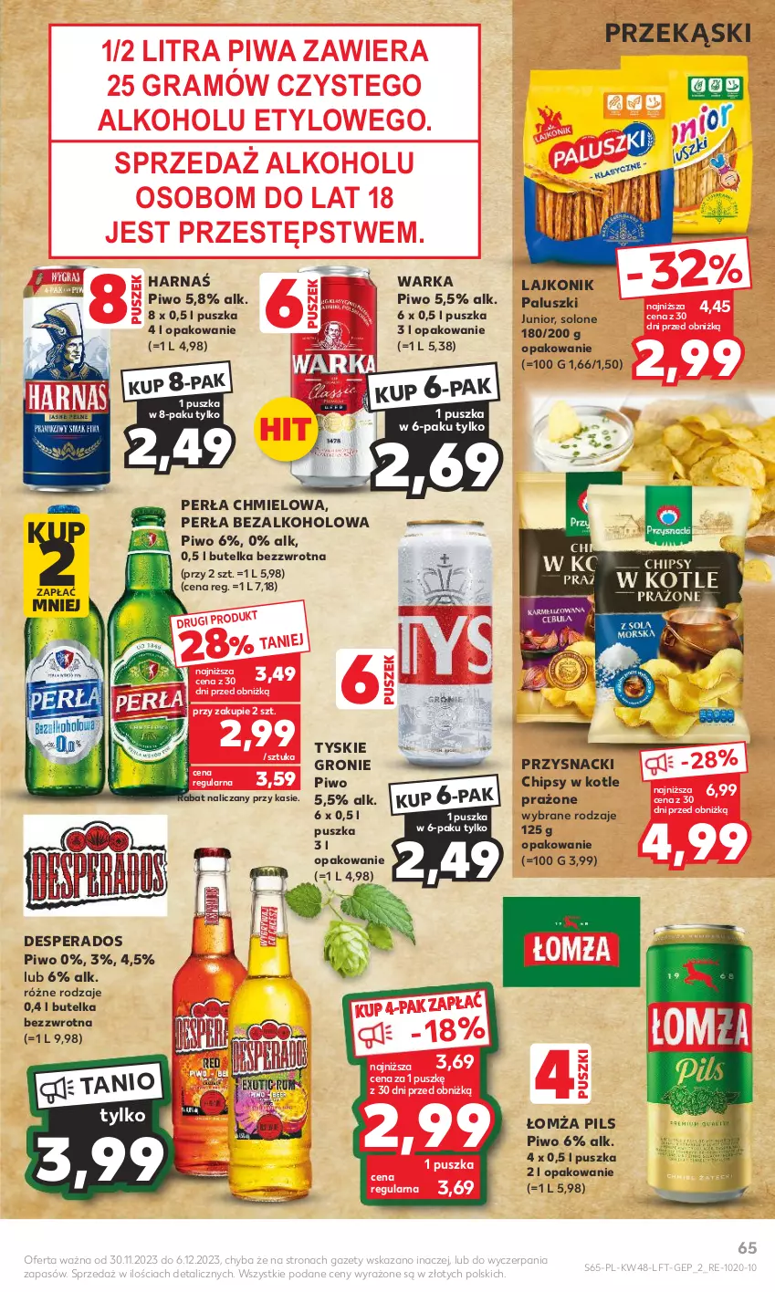 Gazetka promocyjna Kaufland - Gazetka tygodnia - ważna 30.11 do 06.12.2023 - strona 65 - produkty: Chipsy, Desperados, Gra, Harnaś, Lajkonik, Perła, Piwa, Piwo, Przysnacki, Tyskie, Warka